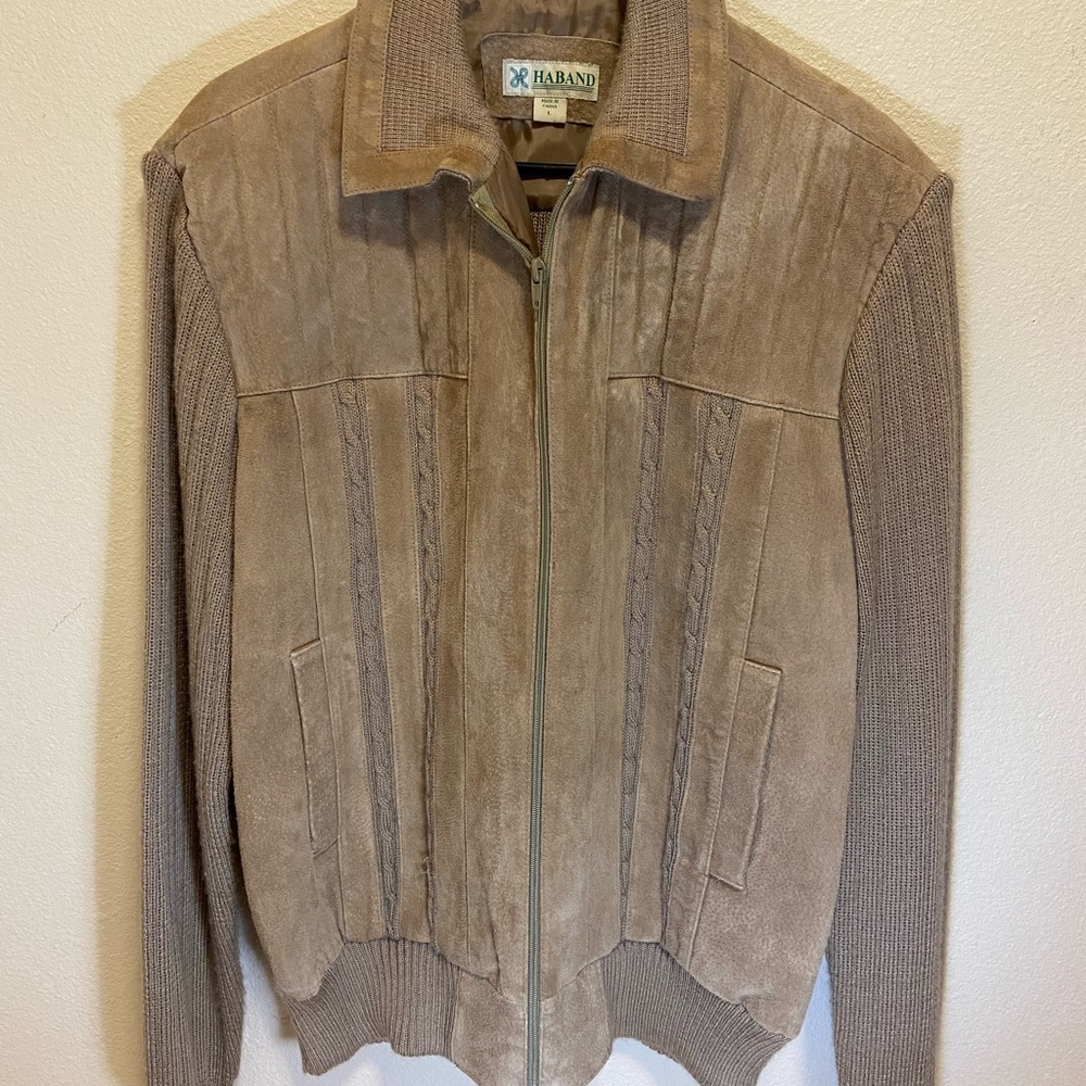 Haband Coat Suede Leather Jacket L Brown Acrylic Knit Sleeves & Back